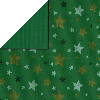 Weihnachtsgeschenkpapier grün mit goldenen und silbernen Sternen, Rückseite einfarbig dunkelgrün, auf gestreiftes Recycling Kraftpapier - Promotion günstig!
 