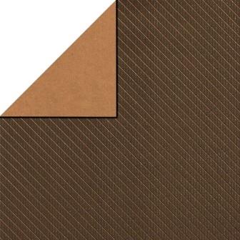 Geschenkpapier in Schokoladenbraun, diagonale Streifen in Metallic-Gold auf gestreiftem Naturkraftpapier.
 